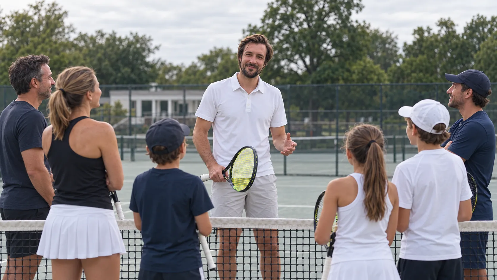 Olivier au filet d’un court de club, parlant à un groupe de jeunes joueurs, de parents et d’un professeur.