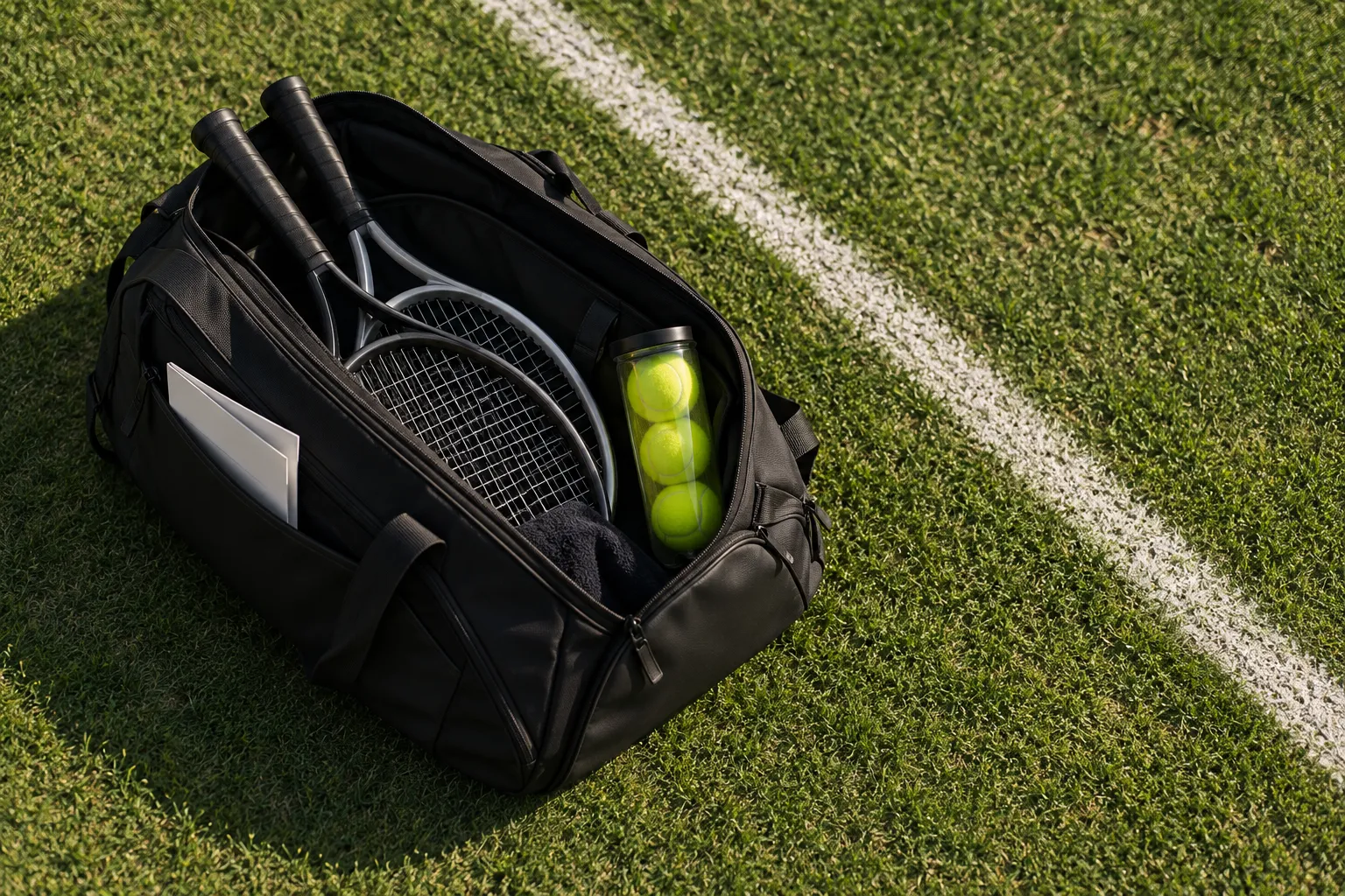 Un sac de tennis noir ouvert sur le gazon, une feuille pliée glissée dans la poche.