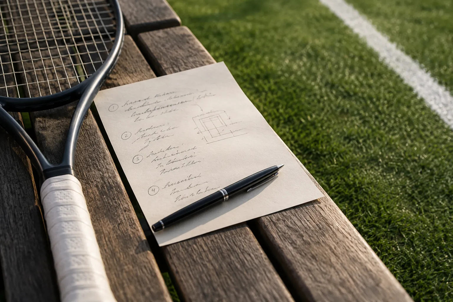 Une feuille de plan manuscrite et un stylo posés sur un banc de court, à côté d’une raquette.